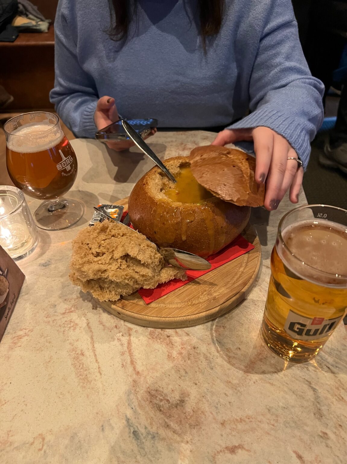 Soup in bread bowl