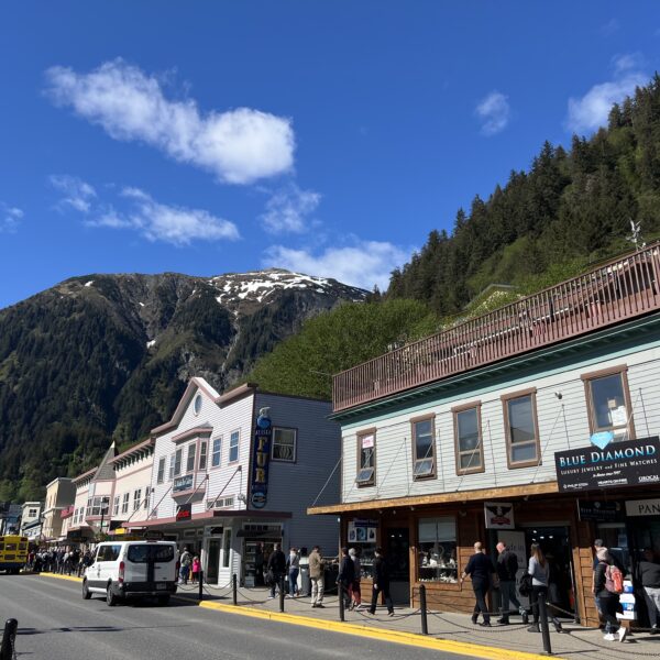 buildings with mountains in the back